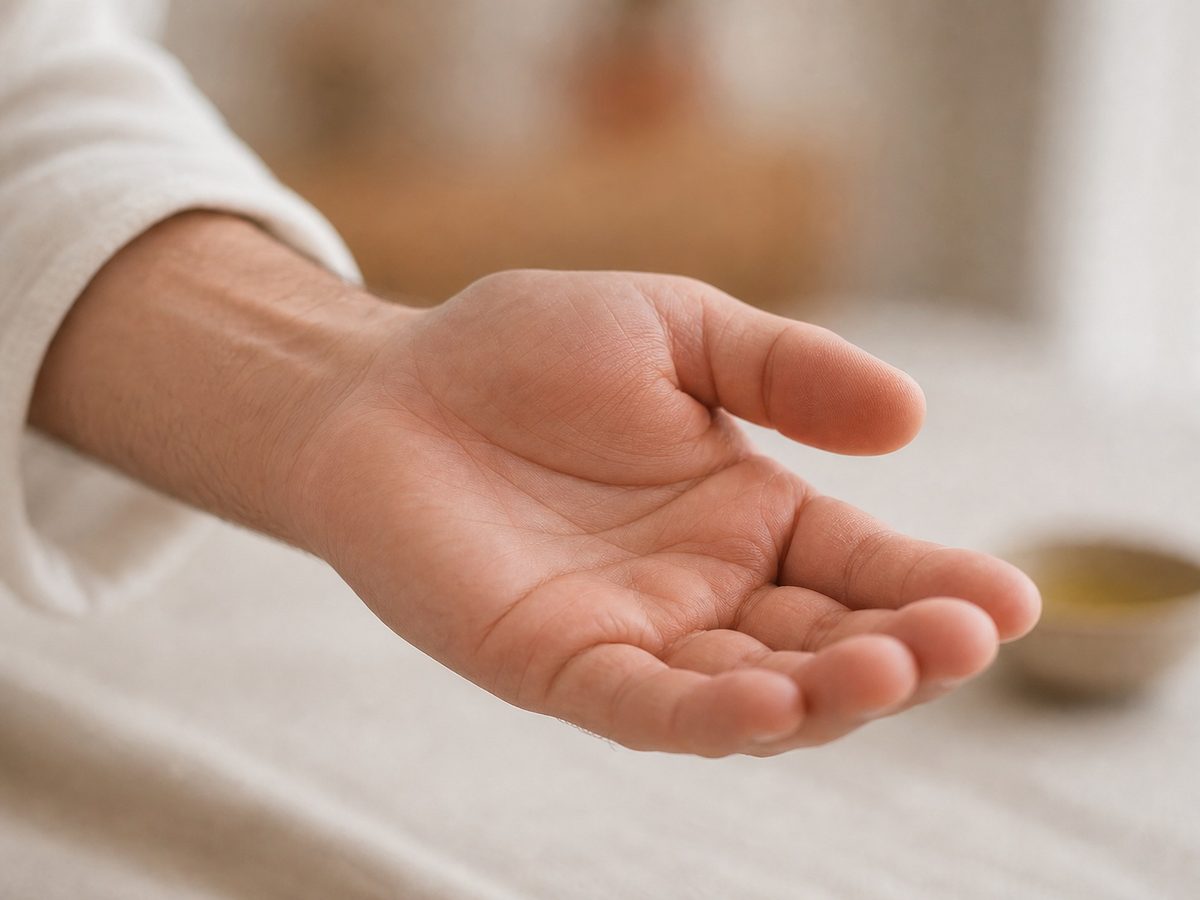 Offene Handfläche als einladende Geste im vorbereiteten Massageraum